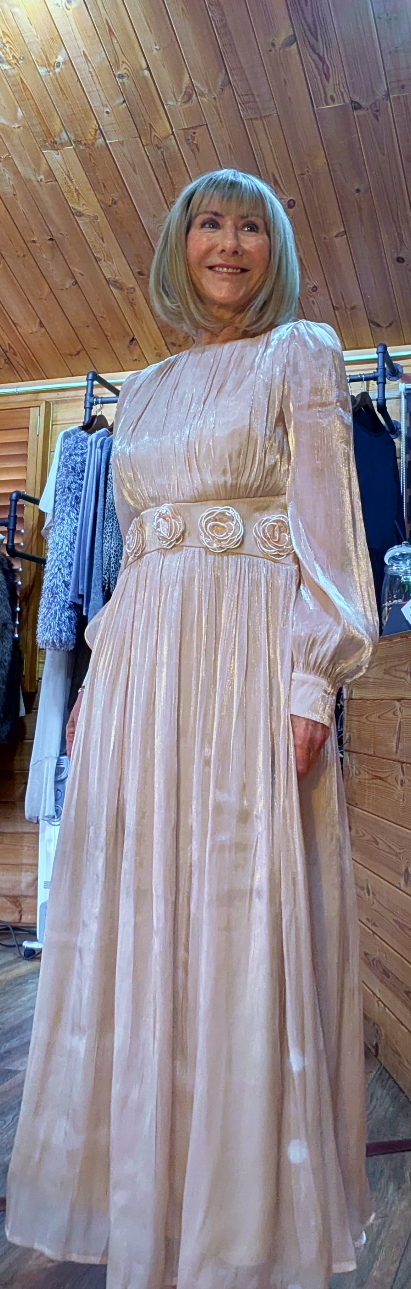 Dressy ivory occasion dress with embossed floral design