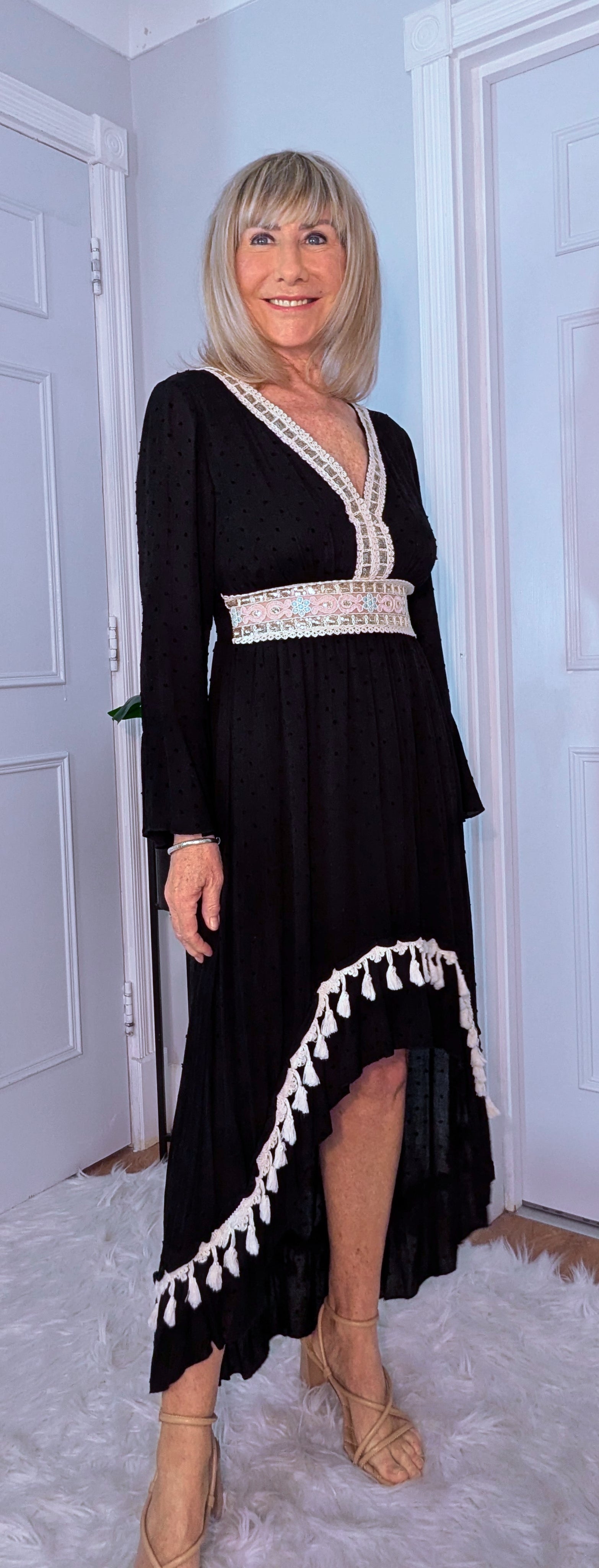 Philly High-Low Boho Dress – Black with Ivory  Pink Sequin Detail
