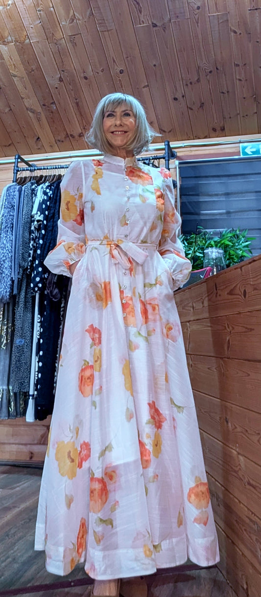 Eunice  Dress Bright Orange and Yellow Floral Print Dress With Tie Belt