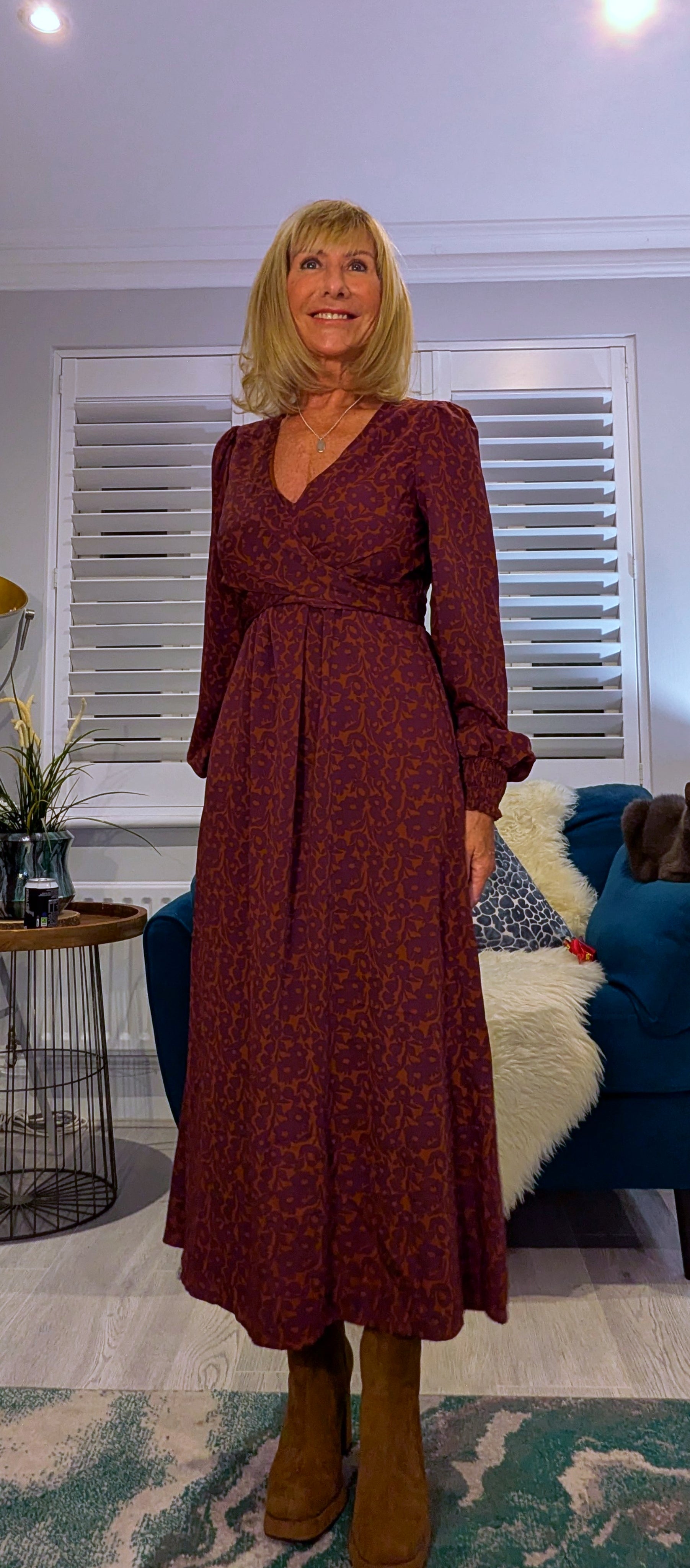 Dulcie Ditsy Floral Midi Dress – Maroon and Purple Silky Wrap