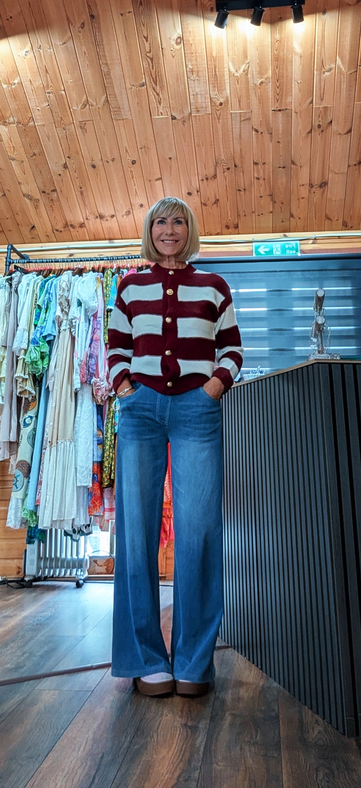 Gretchen burgundy striped button cardigan with gold-tone buttons