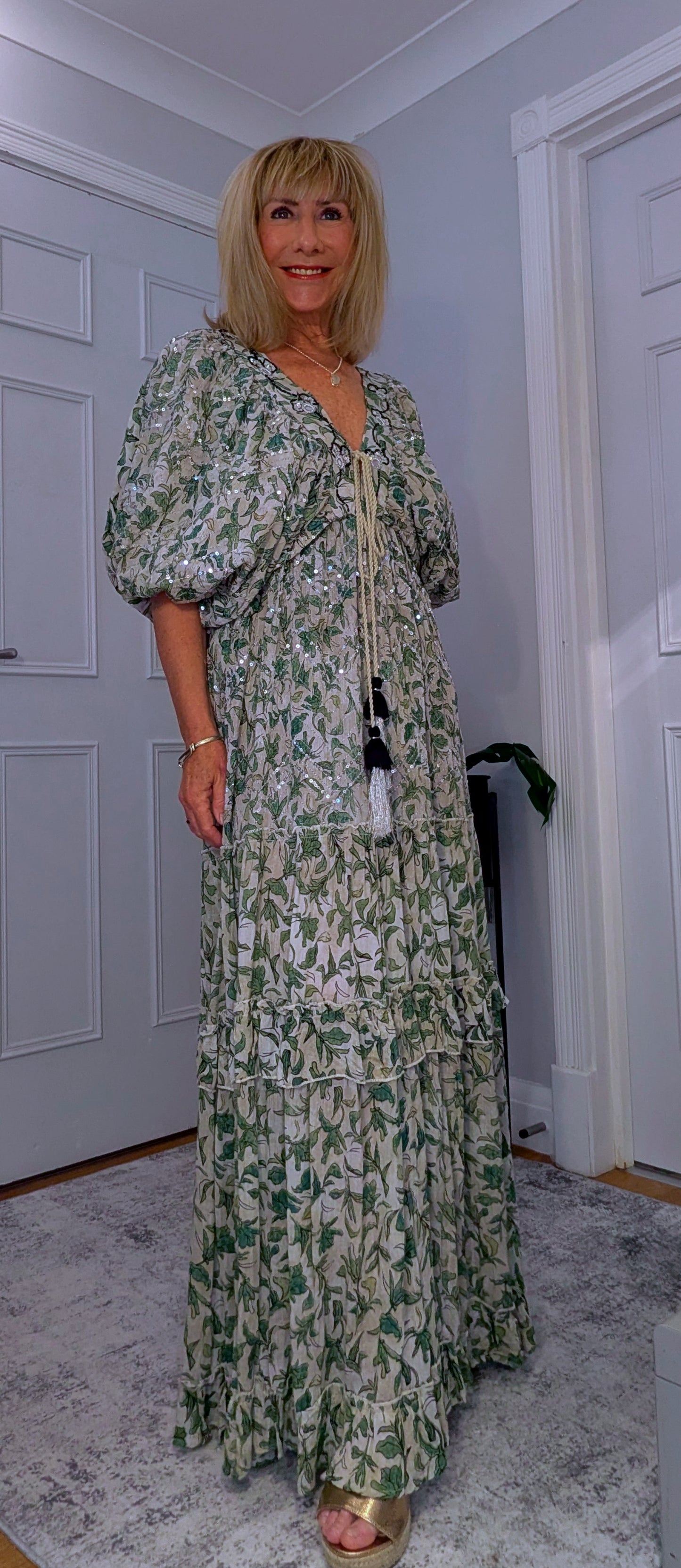 Delphi Embroidery Boho  Maxi Dress In Ecru  or Green Tassel Ties
