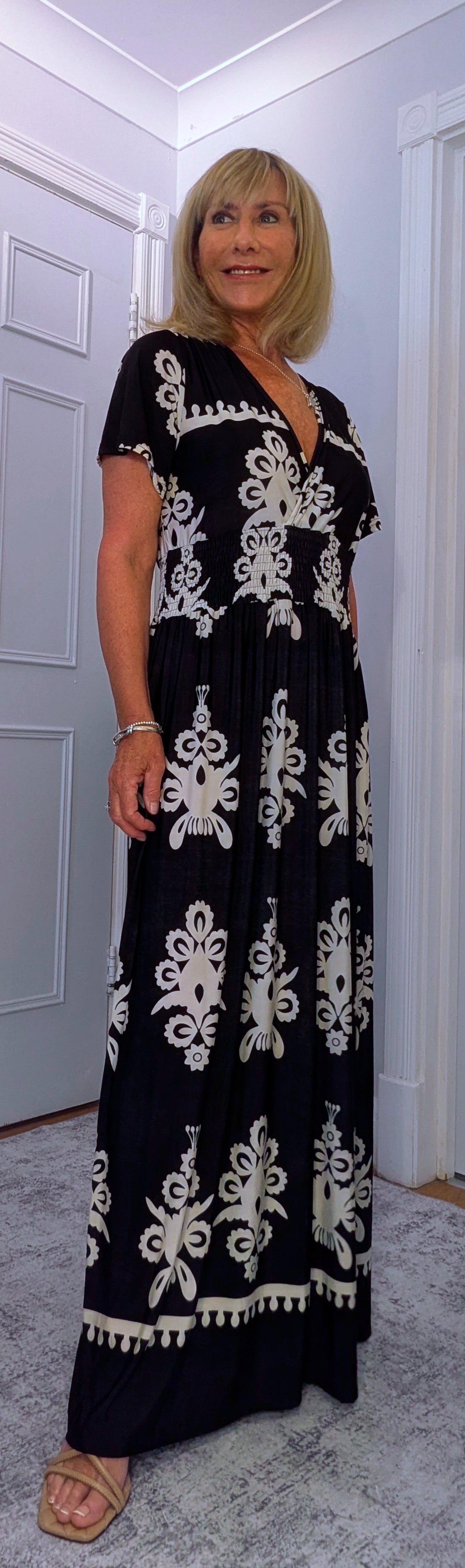 Elissa Dress Soft Jersey in  Bold Print With Shirred Waist Black