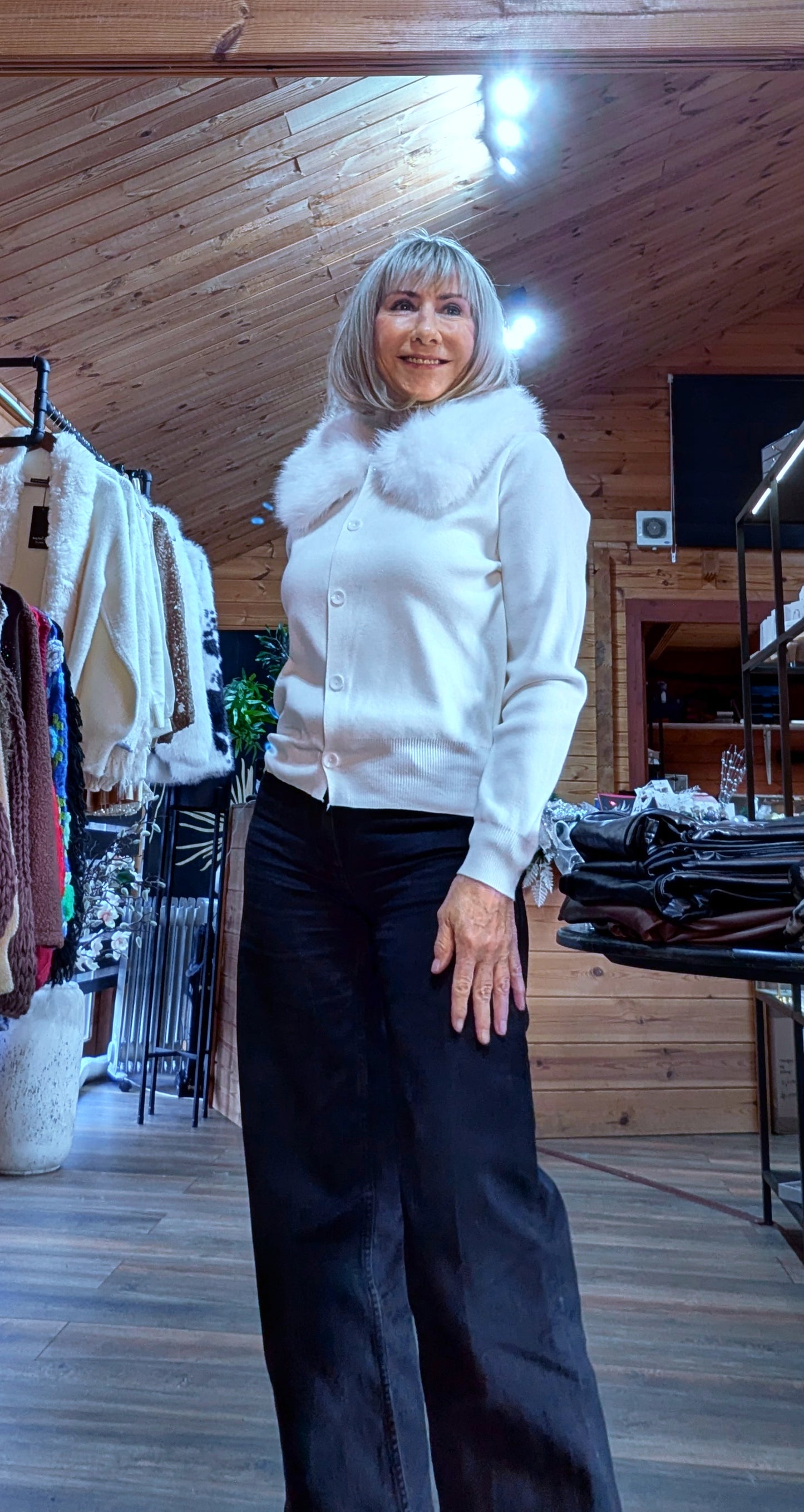 Close up f Liv Cardigan  in white with fluffy faux fur