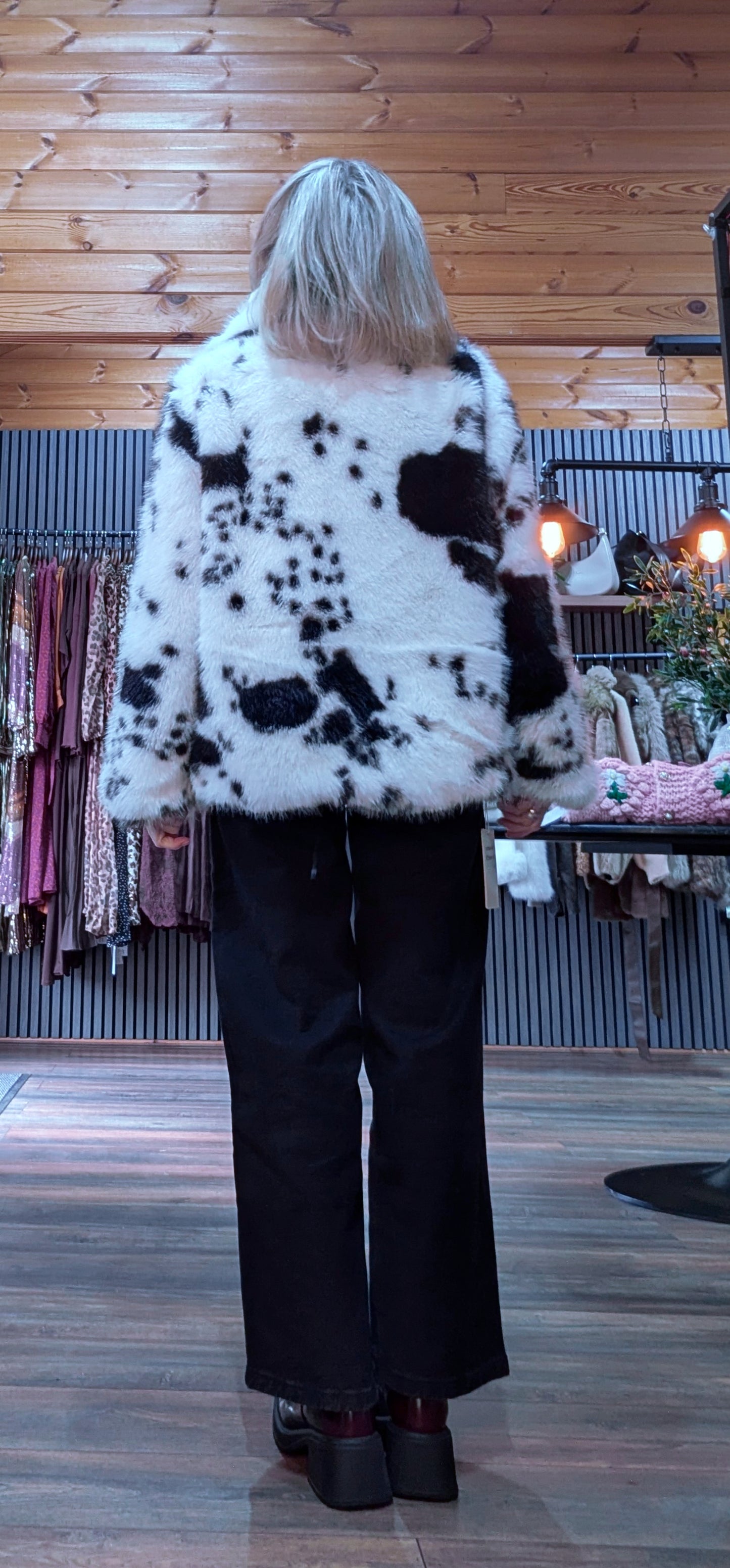 Bessie Cow Print  Faux Fur Jacket – Black - White Statement Style