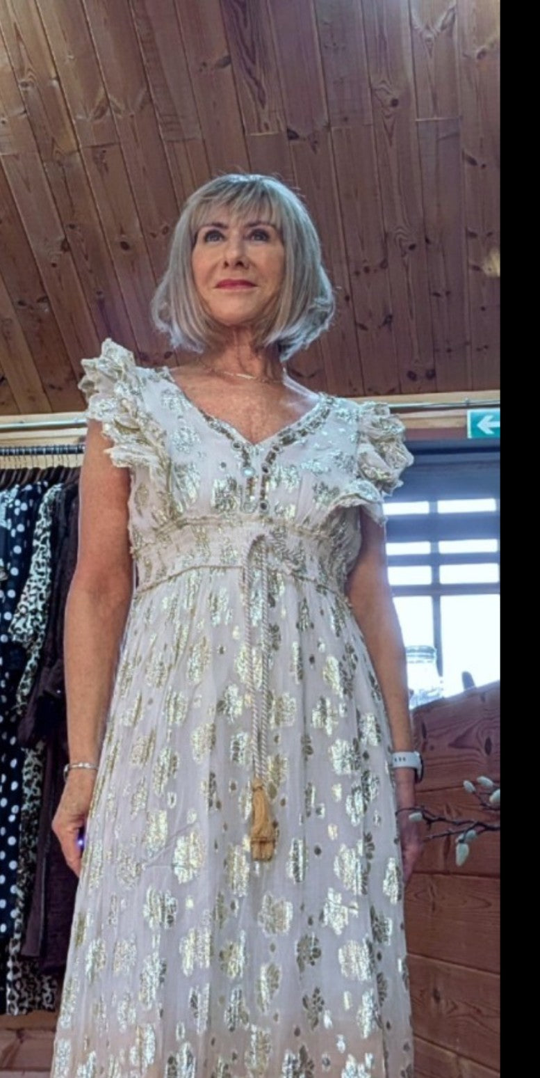 Soft beige gold rose maxi dress styled by ditsydi front view