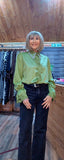 Emery Satin blouse with Pearl Collar and Floral Lace Green