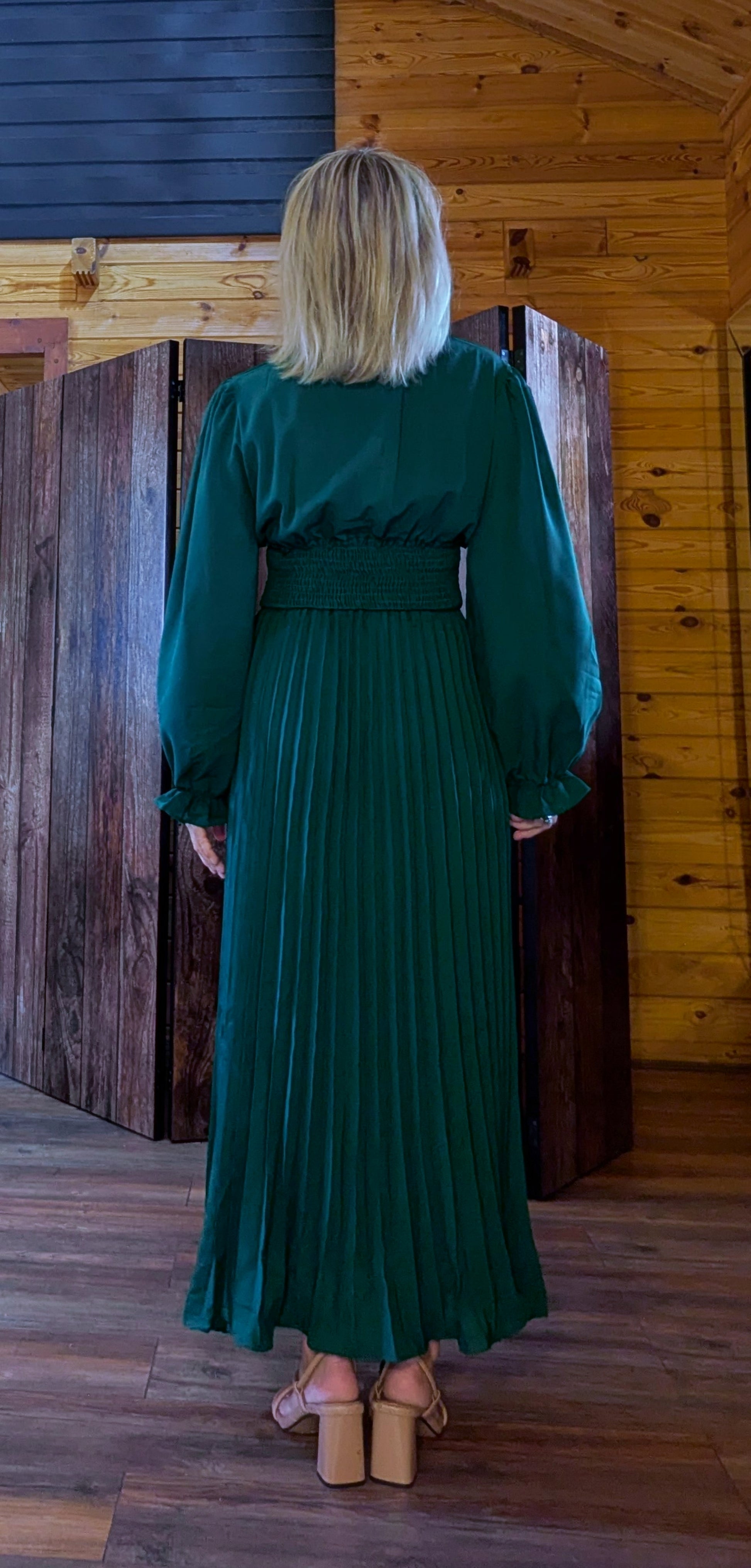 Laura Emerald Green Midi Dress – Shirred Waist with Pleated Skirt