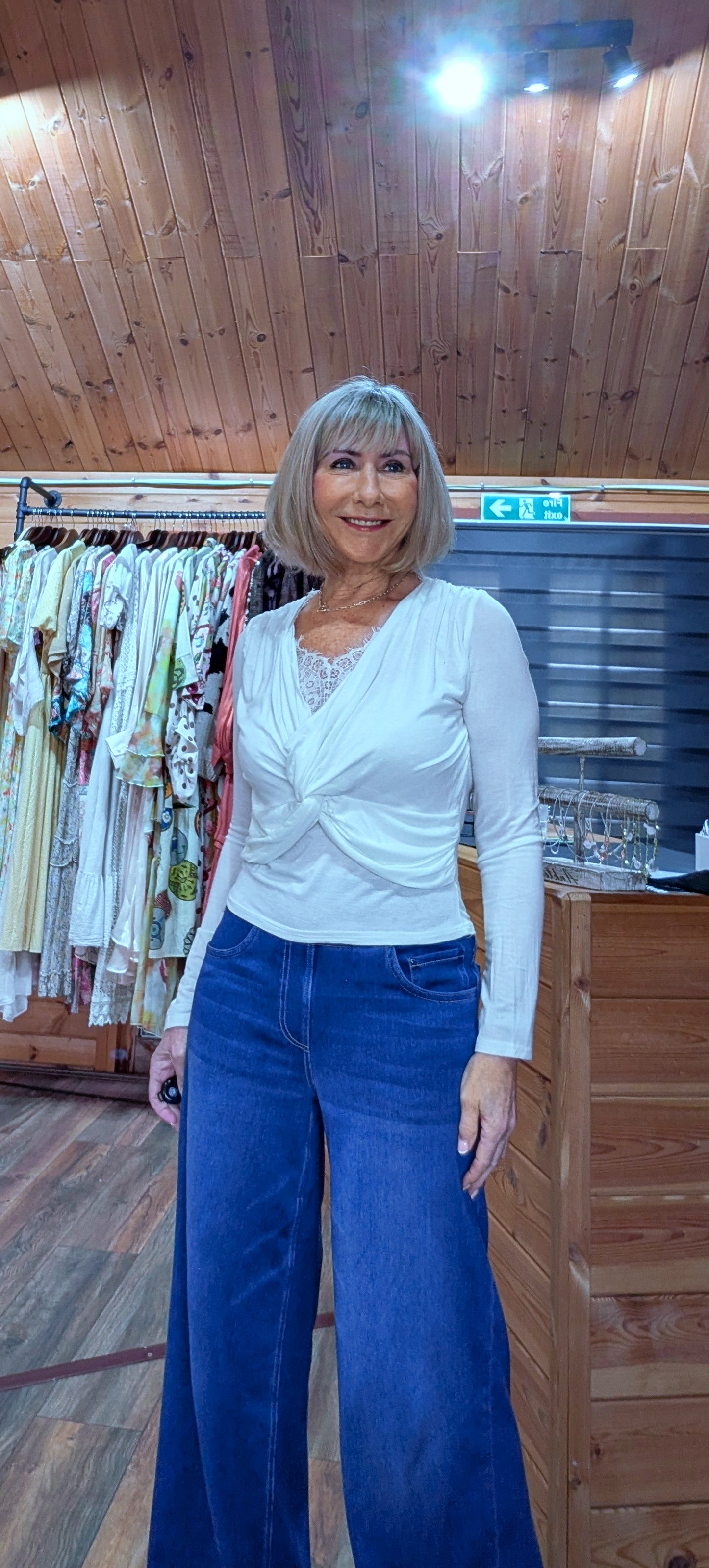off white lacy top with ruched bust styled by itsydi