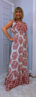 Nolan Boho Maxi Dress –Pink & Ecru, Flutter Sleeves, Elasticated Waist