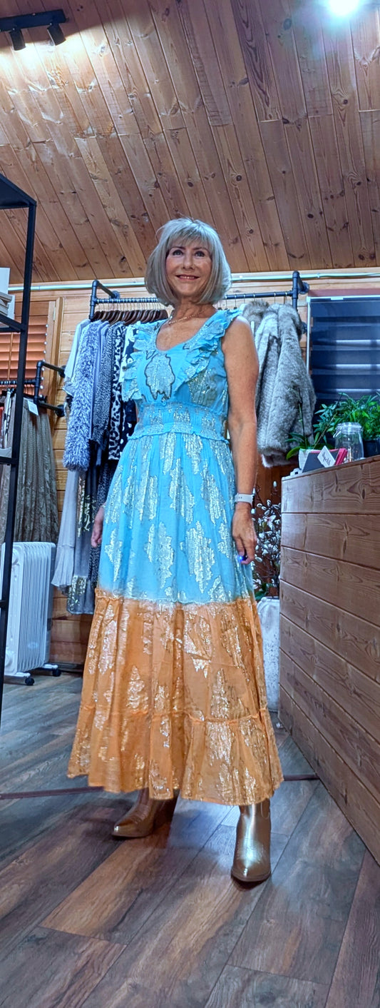 Gianna Boho Maxi Dress Turquoise and Gold