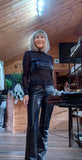 Marla Sheer Fitted Top with Faux Leather Bust Panel and High Neck in Black