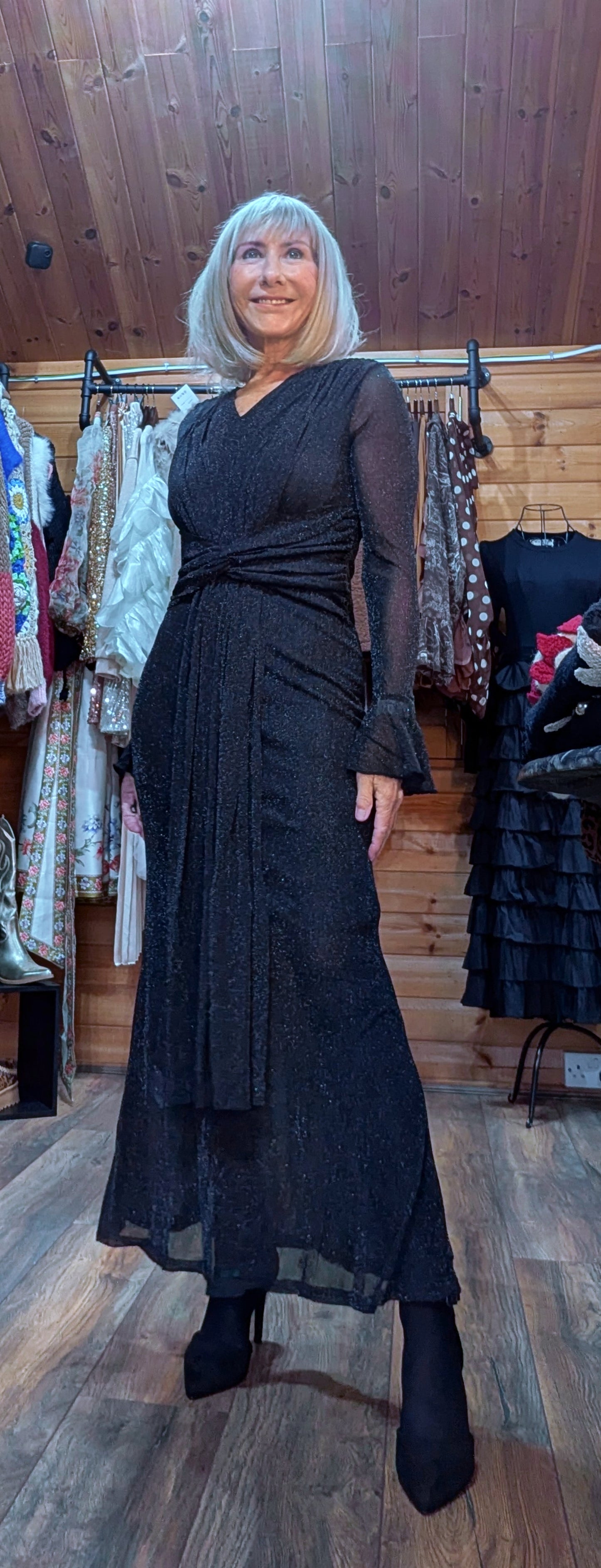 Shirley Black Glitter Mesh Dress – Draped Midi with Long Sleeves
