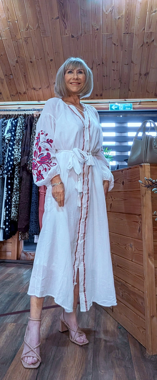 Harlow White Embroidery Cotton Shirt Dress with Tassel Belt