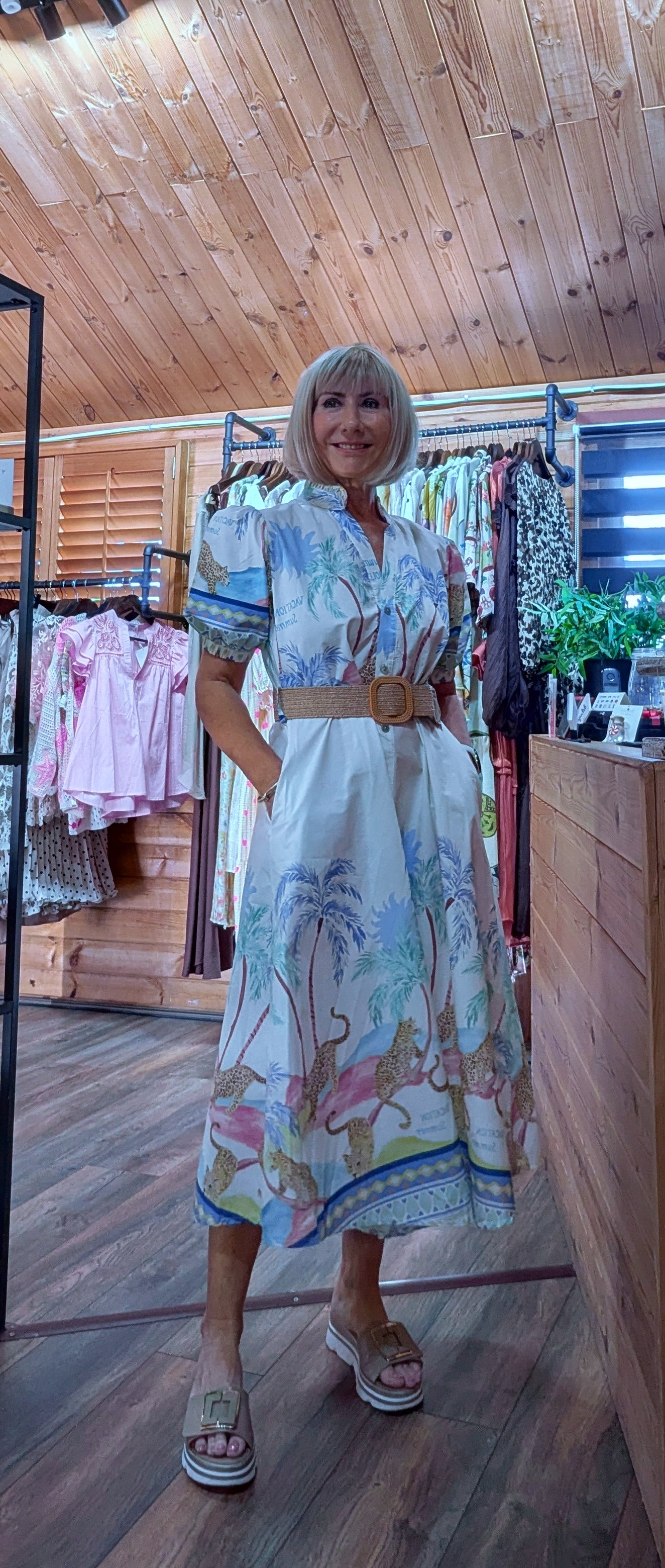 Cotton bold printed mid summer dress with belt