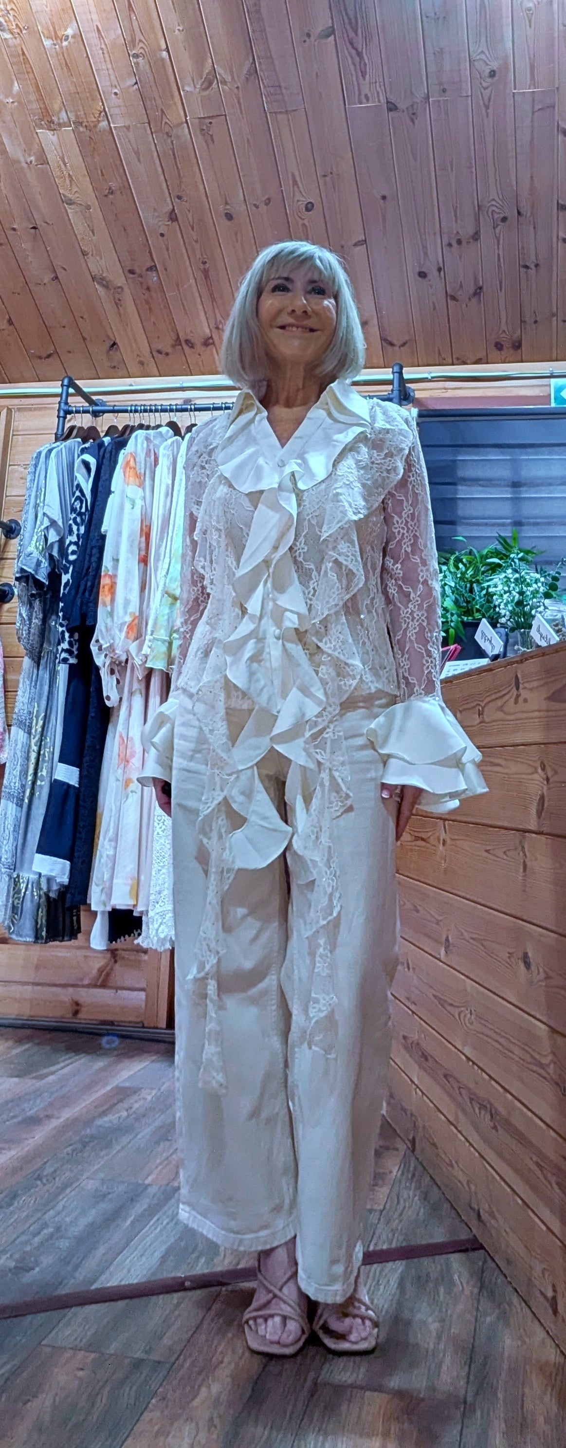 Party lacy cream sheer top
