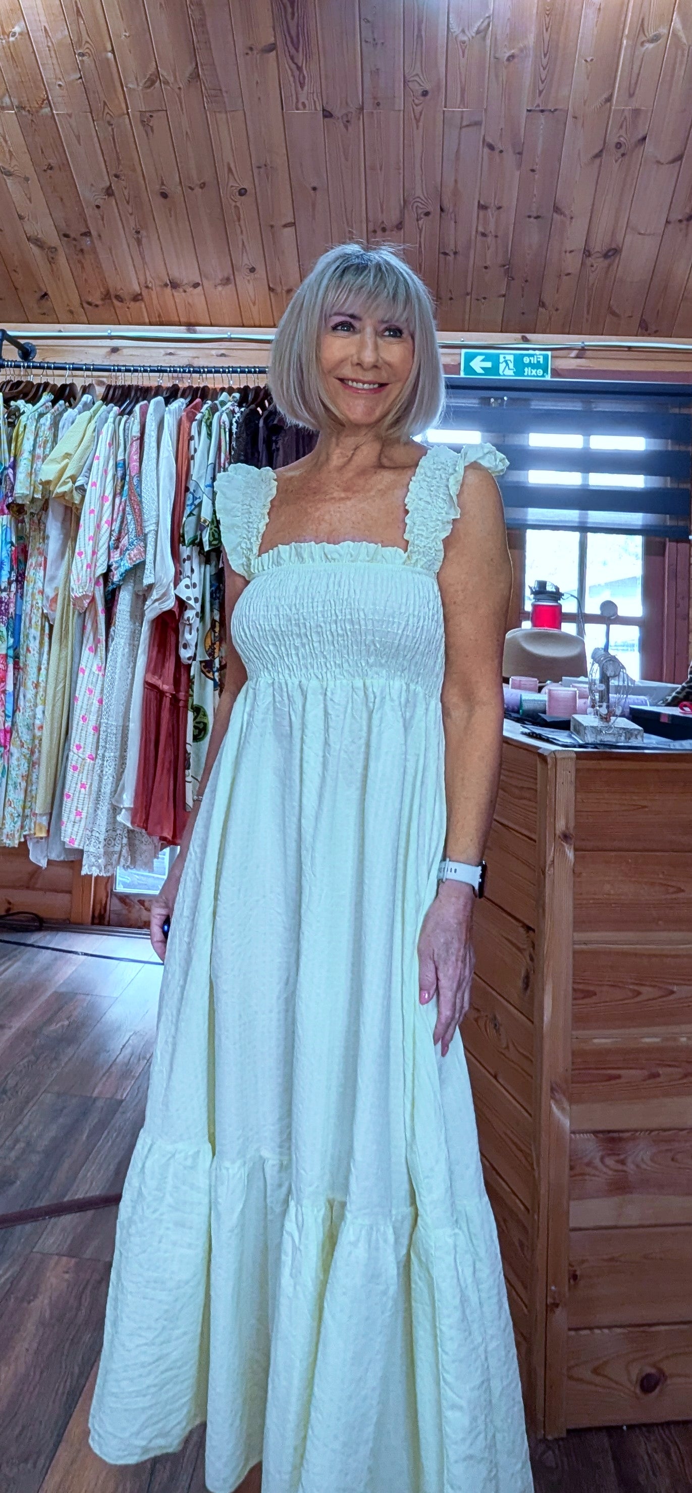 Yellow cotton blend sundress with shirred bodice