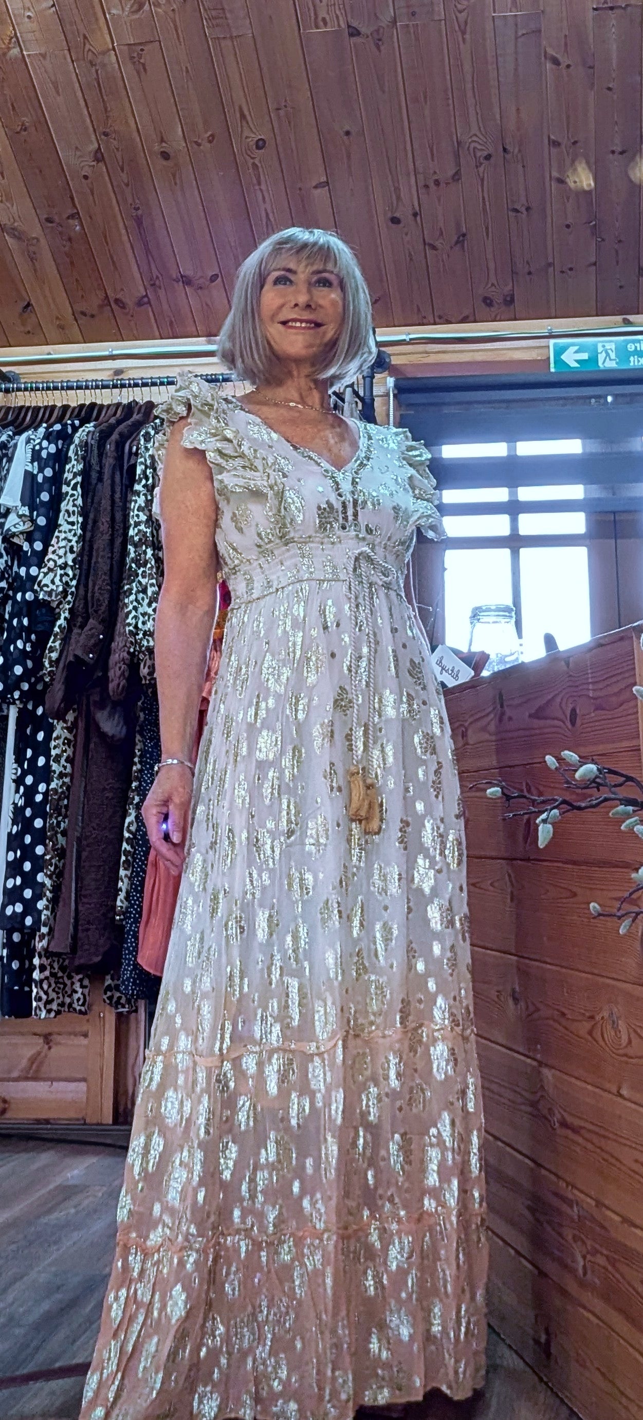 gold embossed Boho  Maxi Dress with tassel ties fully lined