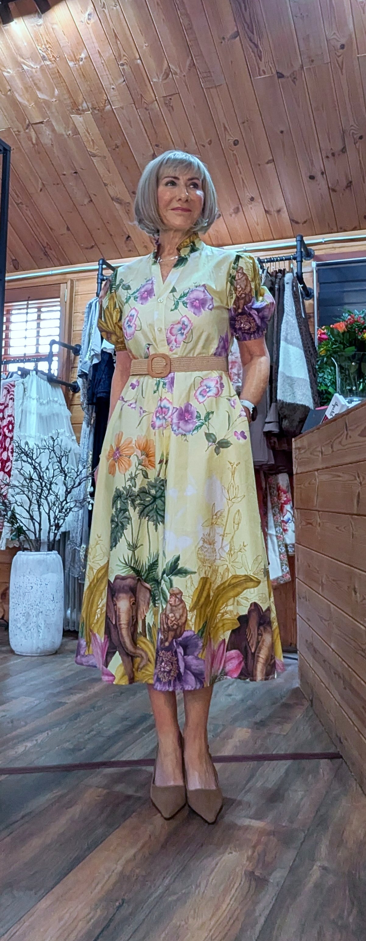 Aoife Midi Dress – Lemon Shirt Dress with Elephant And  Bold Floral Print