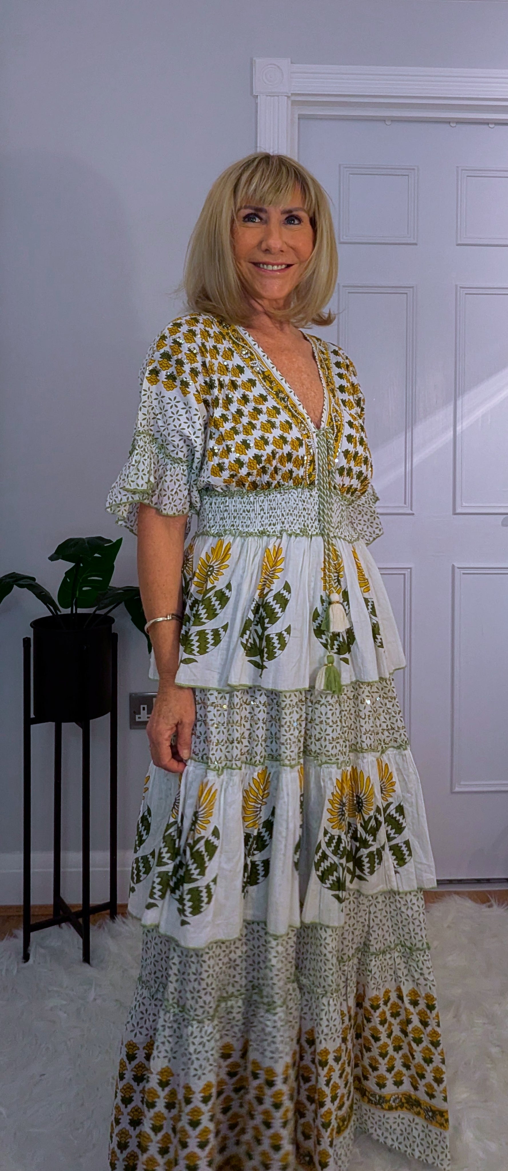 Santorini Bohemian Layered  Dress in White with Green and Gold Tassels