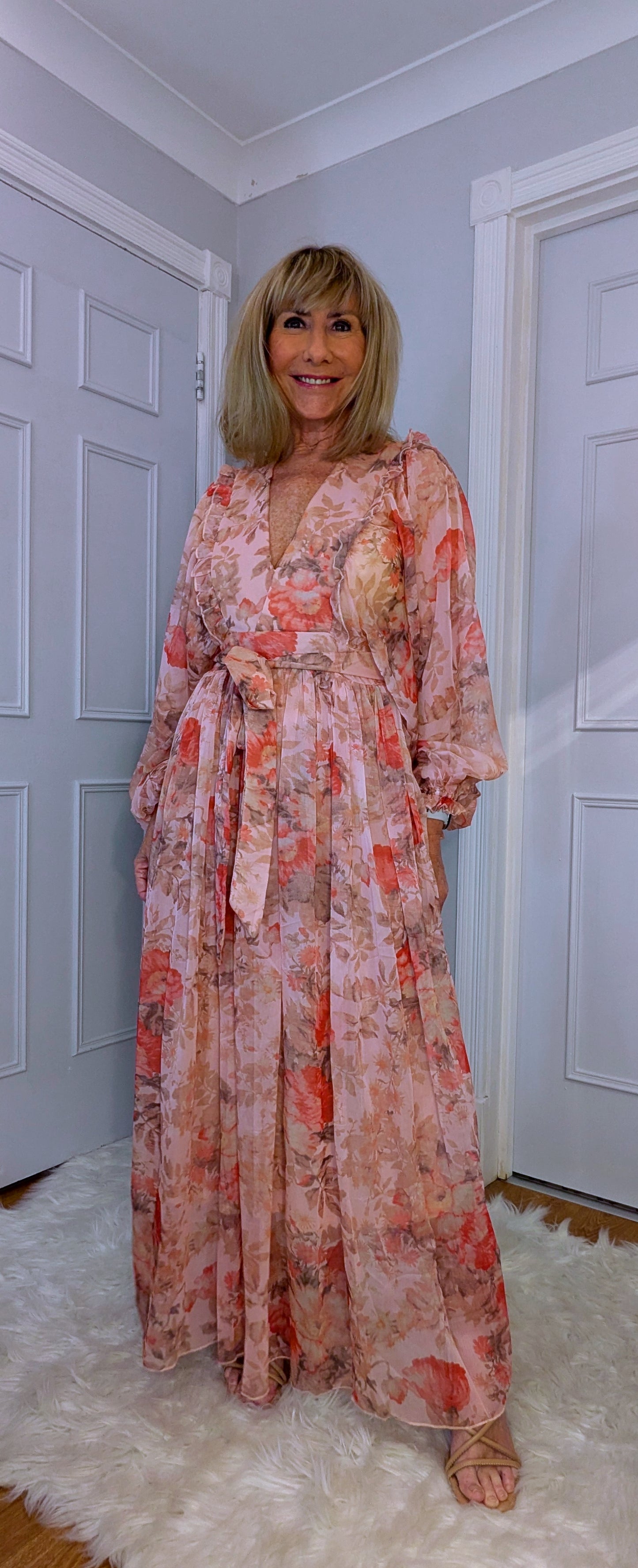 Tia Pink Floral Maxi Dress – Boho Chic with Balloon Sleeves