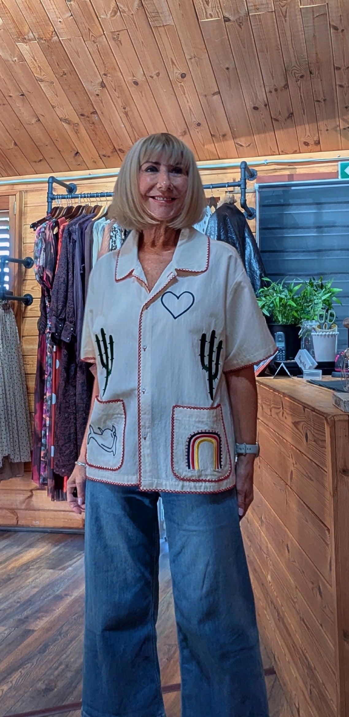 Bernadette cotton shirt with tropical print cactus and rainbow print and front pockets