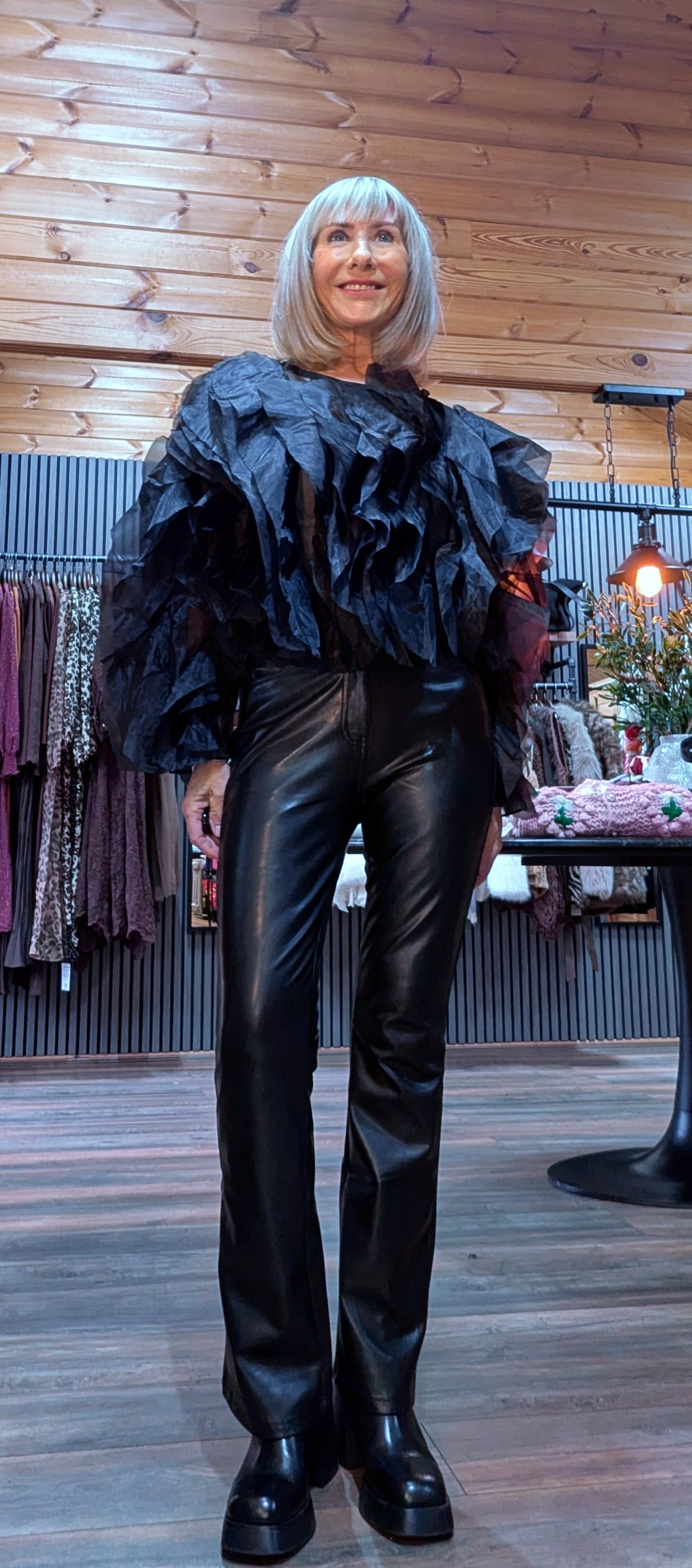 Prunella Black Ruffle Blouse – Tie Neck -Balloon Sleeves