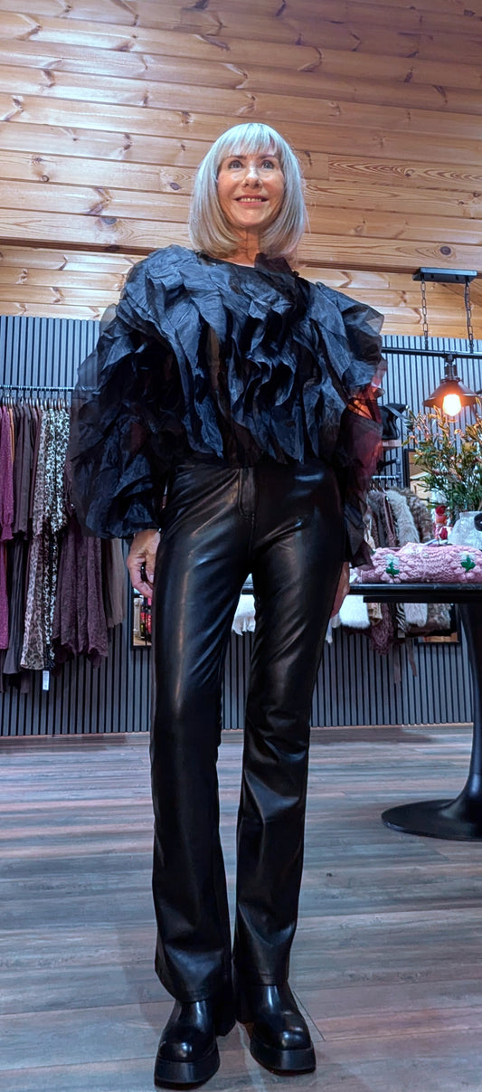 Prunella Black Ruffle Blouse – Tie Neck -Balloon Sleeves