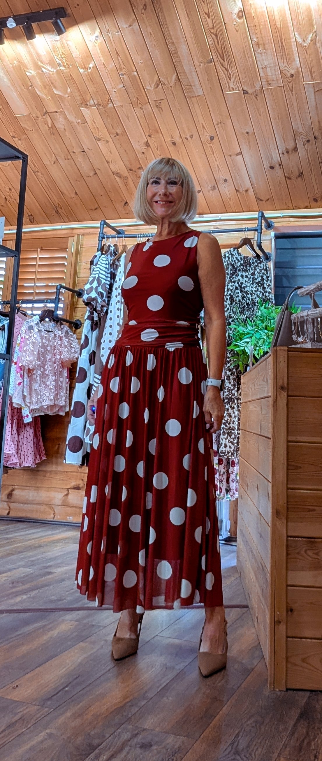 Rumer maxi dress in rust with cream spots, suitable for UK sizes 8–12 styled by ditsydi