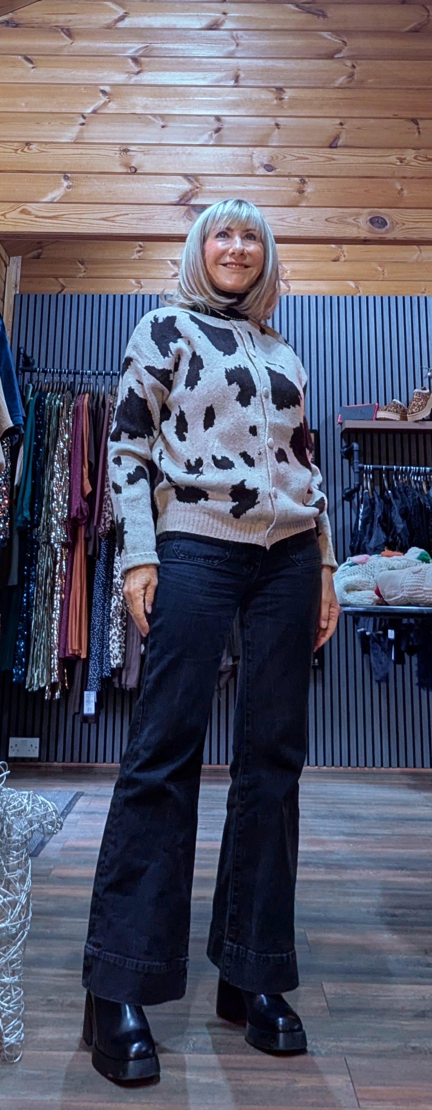 Cathy Taupe Cow Print Soft Knit Cardigan – Button Front