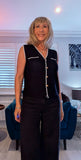 Genevieve Black Sleeveless Cardigan with White Border & Gold Buttons
