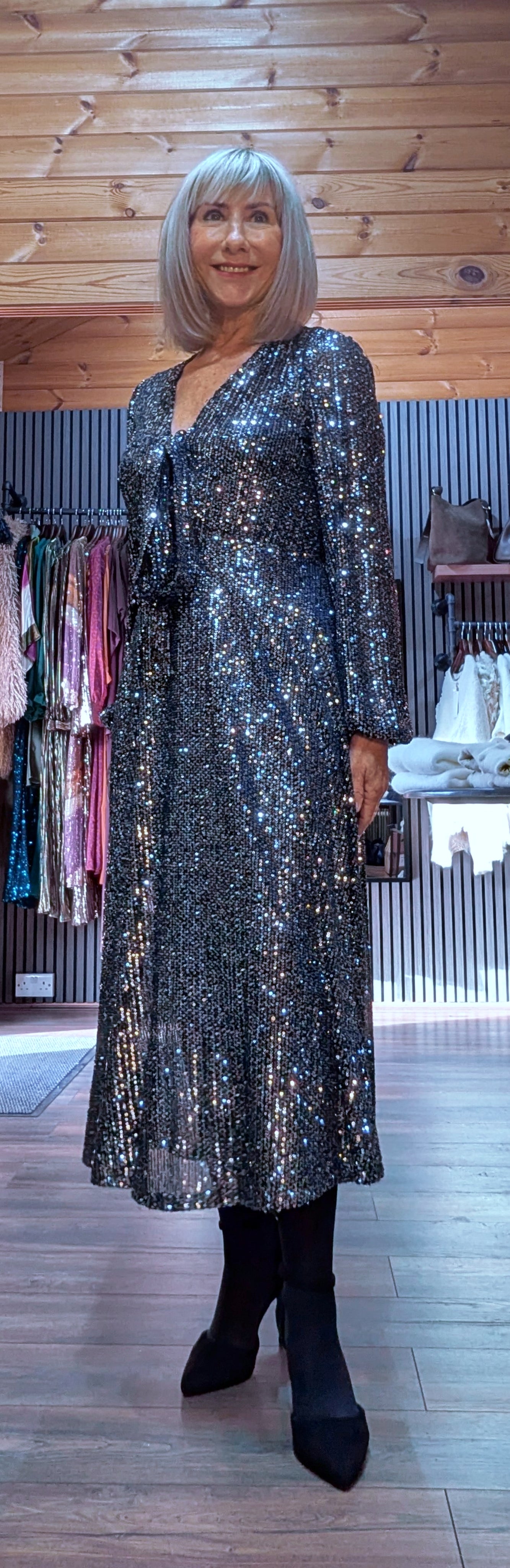 Monroe Silver Sequin Midi Dress – Long Sleeved with Tie Bust