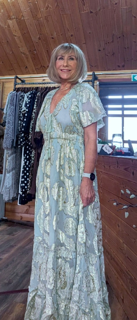 Sage green gold embossed occasion dress by ditsydi