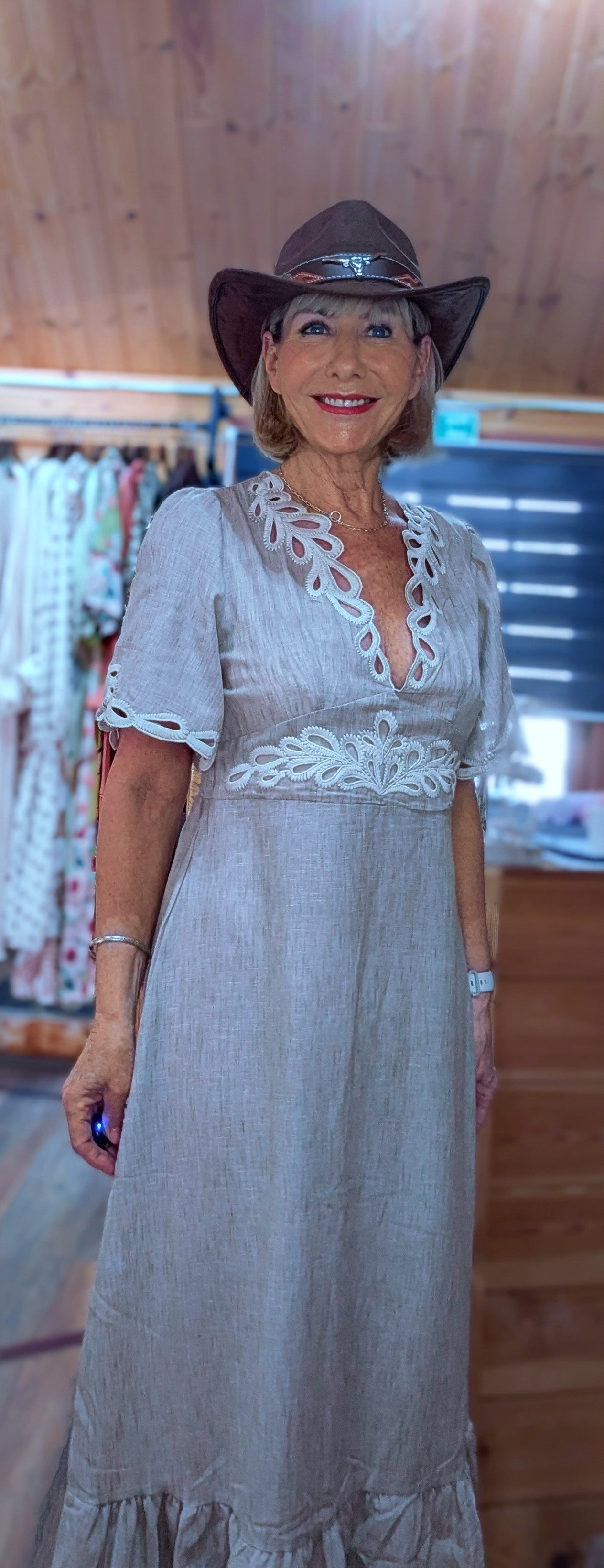 Azora linen blend dress with frill hem with cowboy hat styled by ditsydi