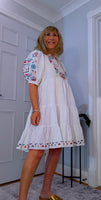 Bo Smocked Linen Cotton Dress – White with Pink & Blue Embroidery