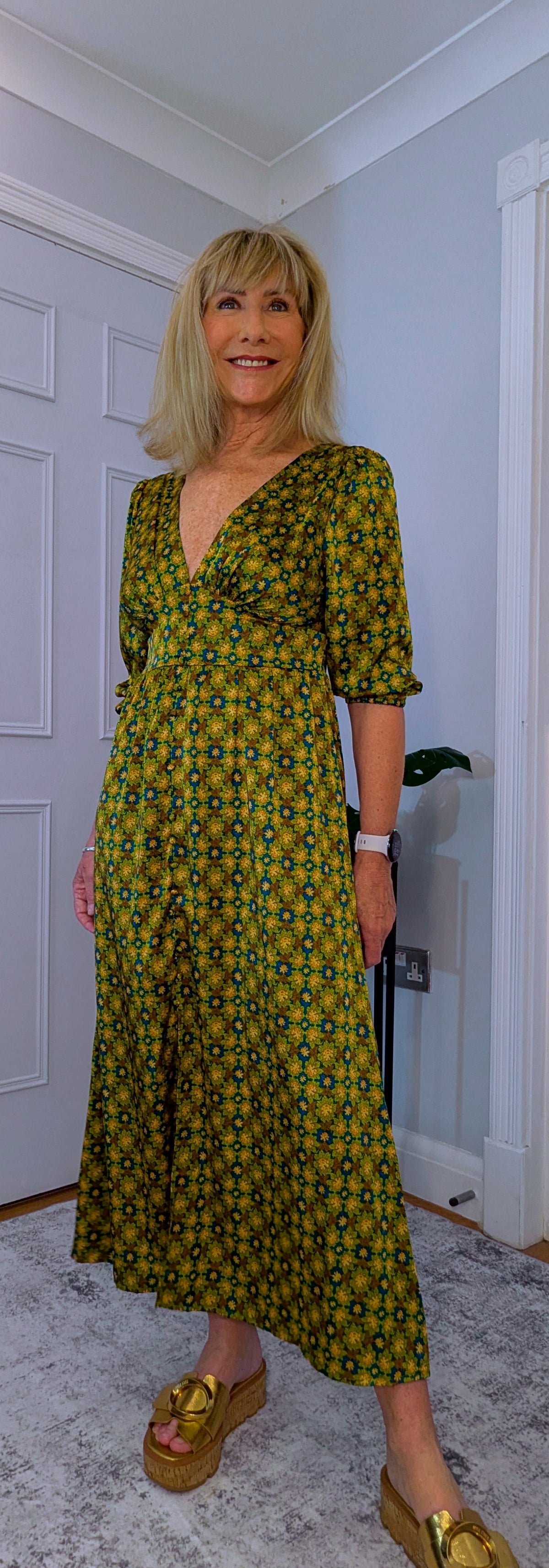 Allegra Midi Dress in Olive Green and Gold With Tie Back