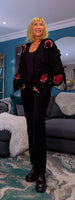 Mallory Chunky Cardigan – Black with Red 3D Flowers & Bows