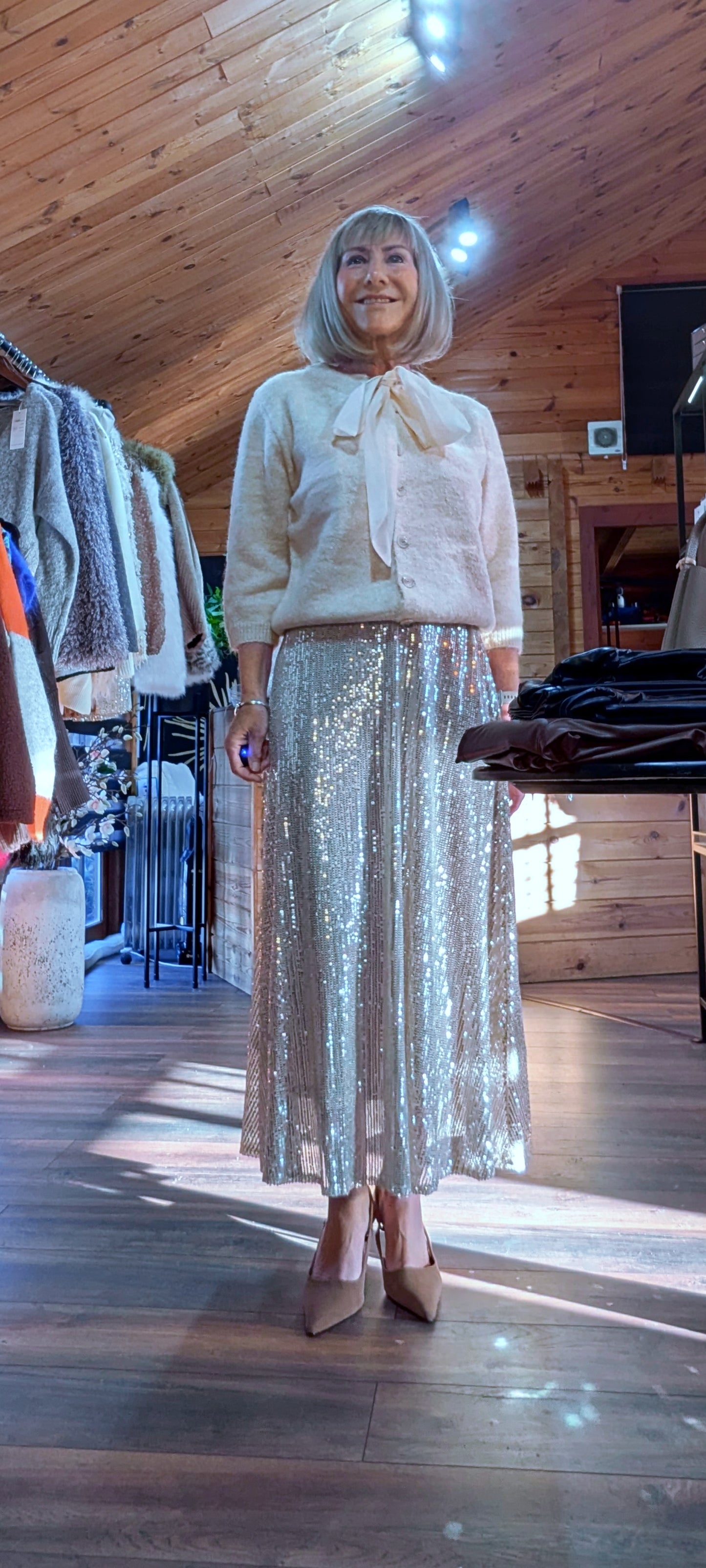 Cher Gold Bias Cut Midi Sequin Skirt