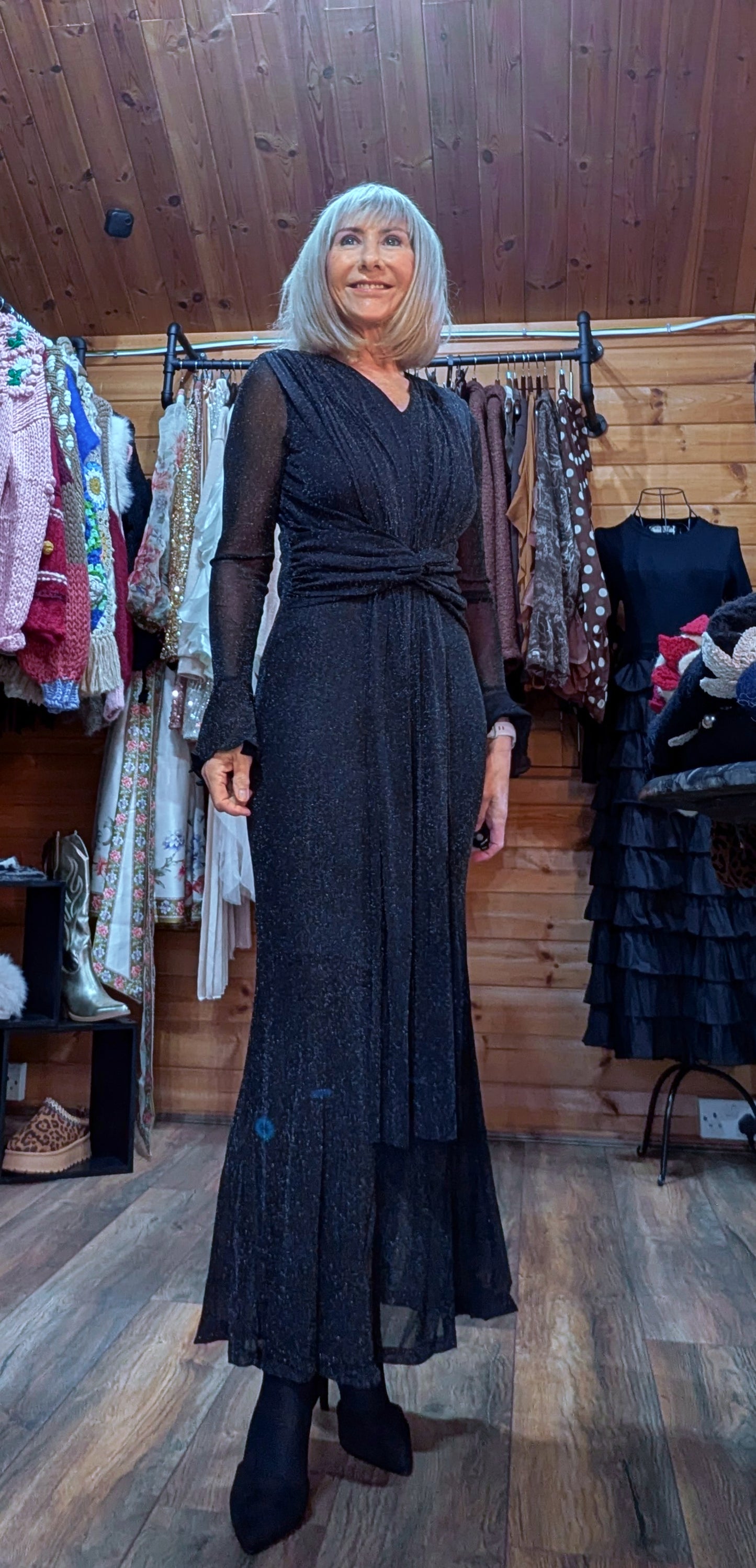 Shirley Black Glitter Mesh Dress – Draped Midi with Long Sleeves