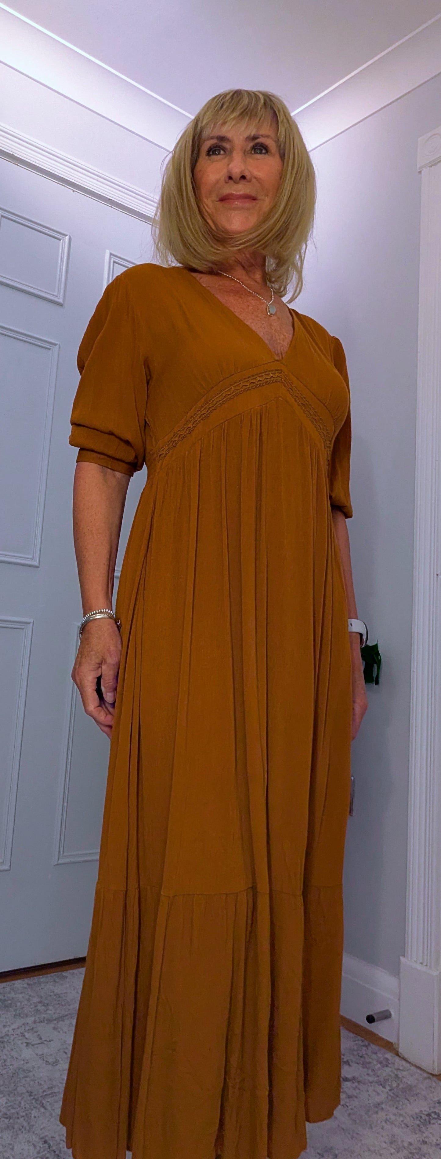 Paloma Prairie Smock Dress In Rust  Cotton with Embroidery Detail