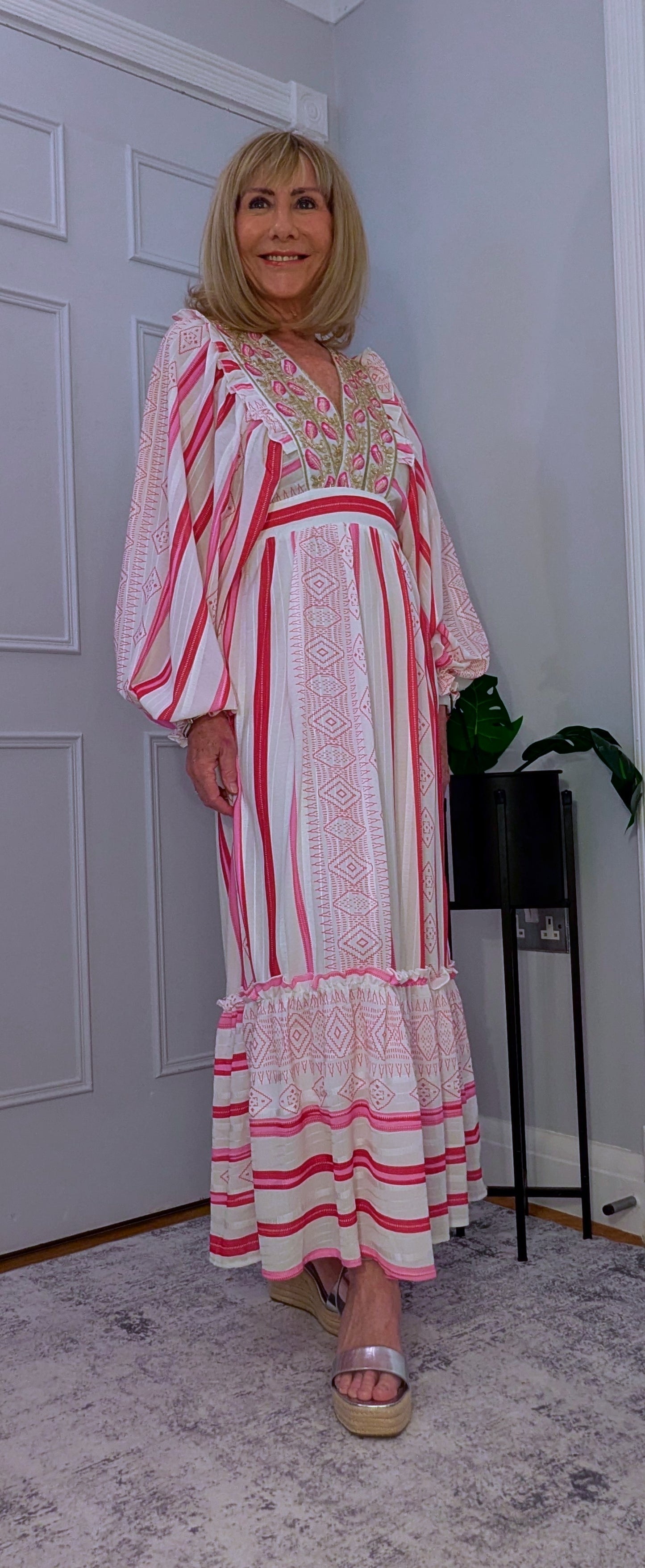 Ophelia Maxi Dress in  Pink and White with Gold Embellishment Cottage Core Style