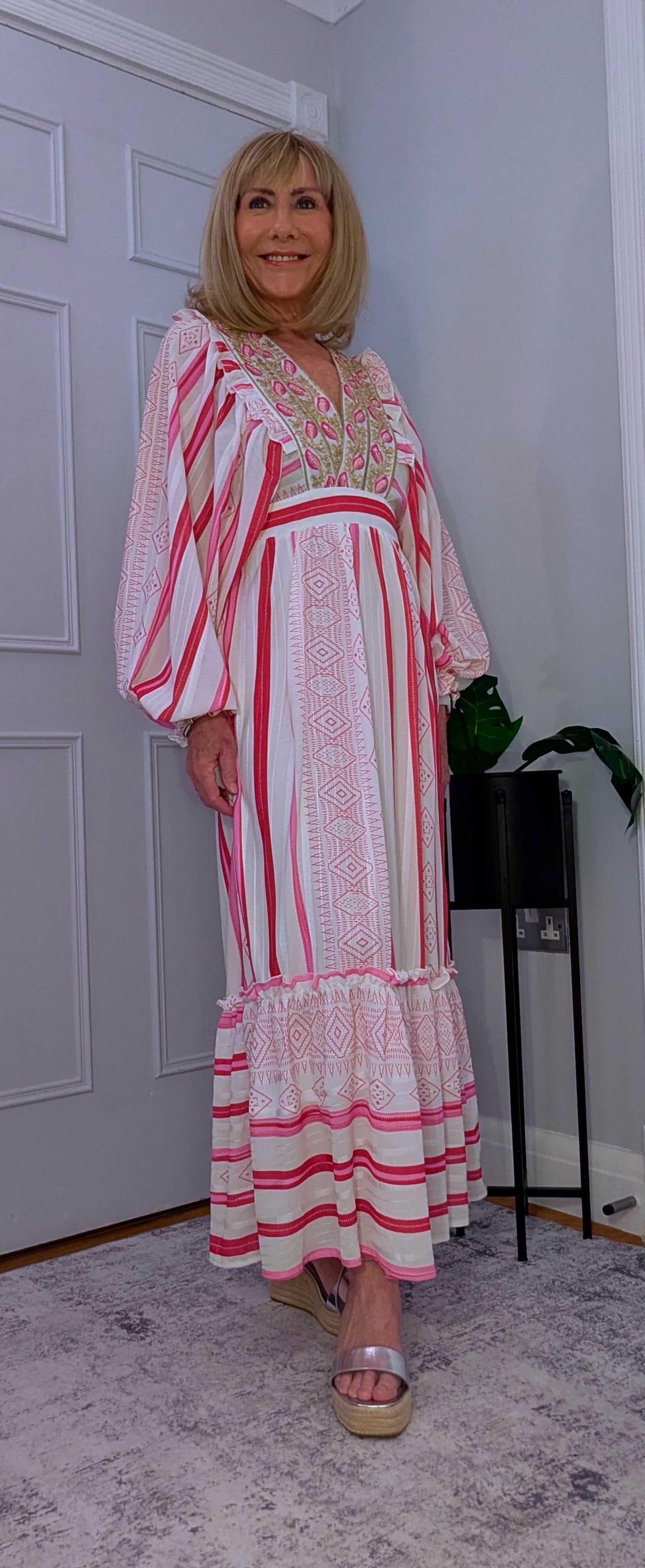 Ophelia Maxi Dress in  Pink and White with Gold Embellishment Cottage Core Style