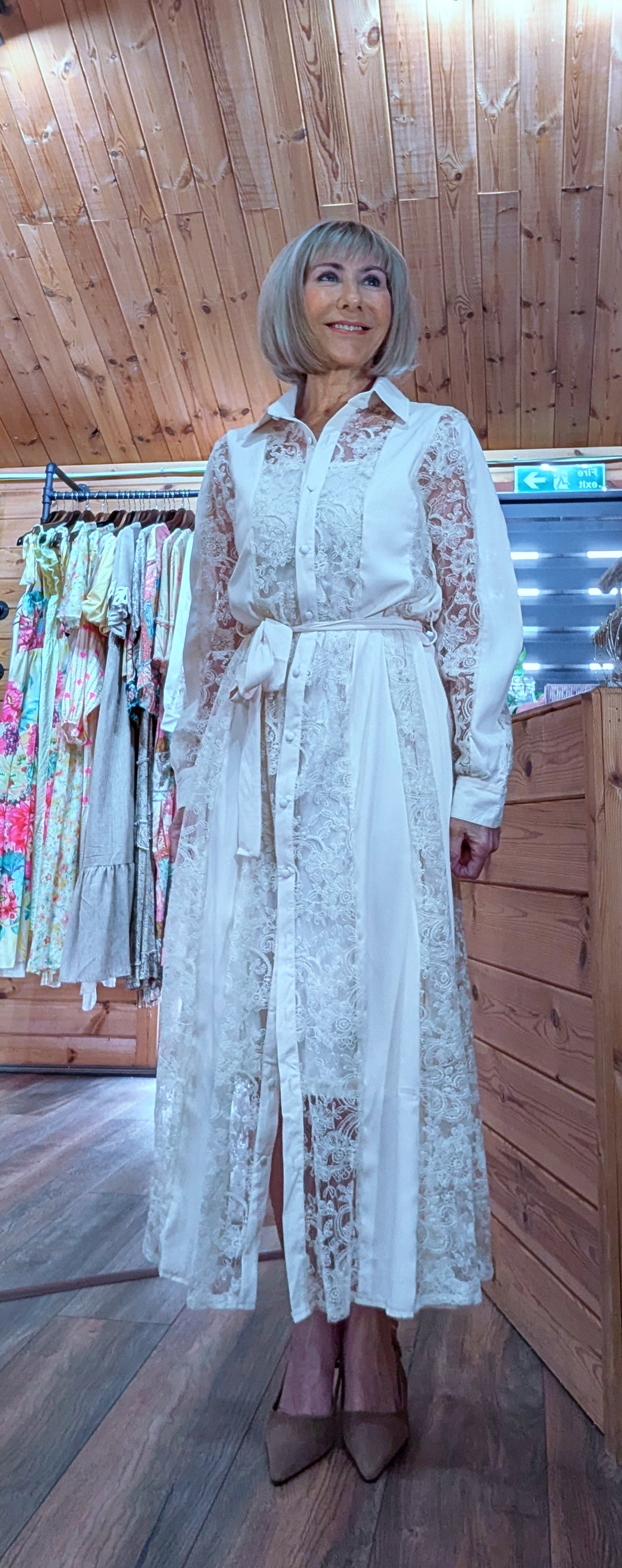 Cream lace occasion dress with tie belt