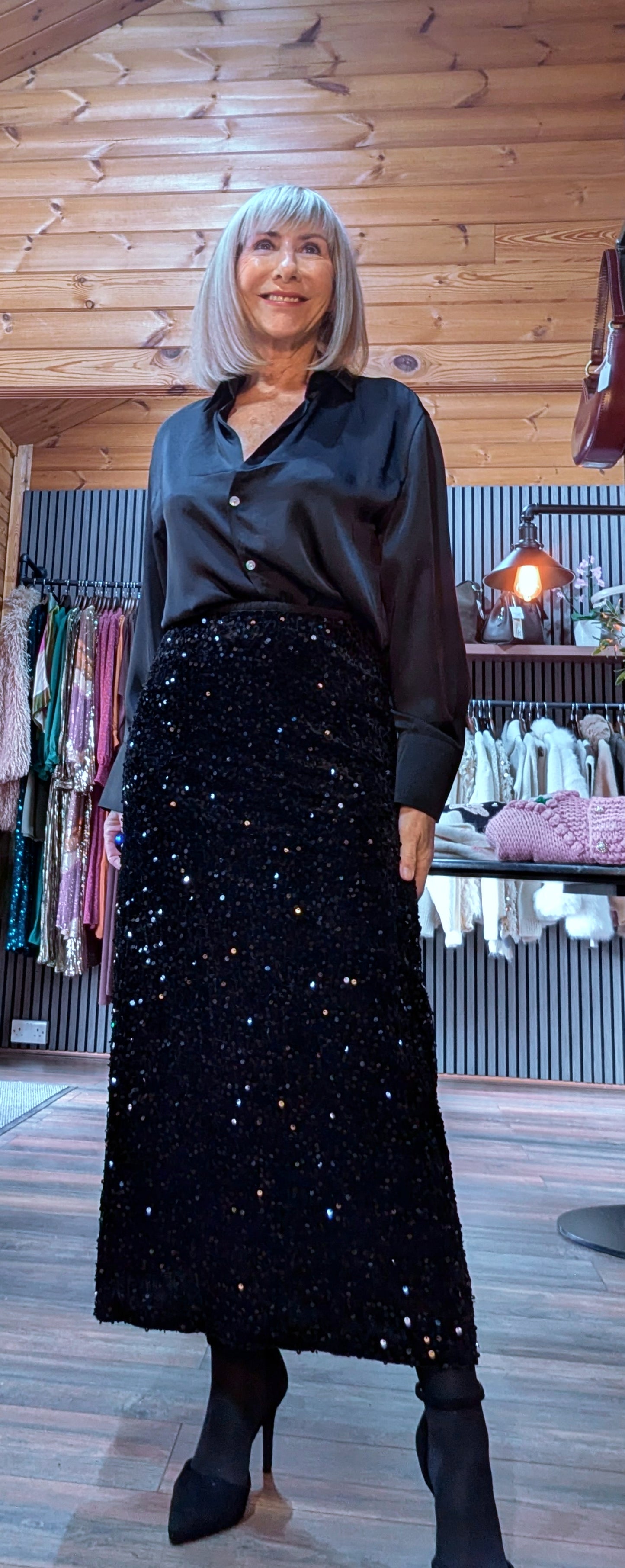 Astrid Sequin Bias Cut Skirt – Chocolate Brown/ Black