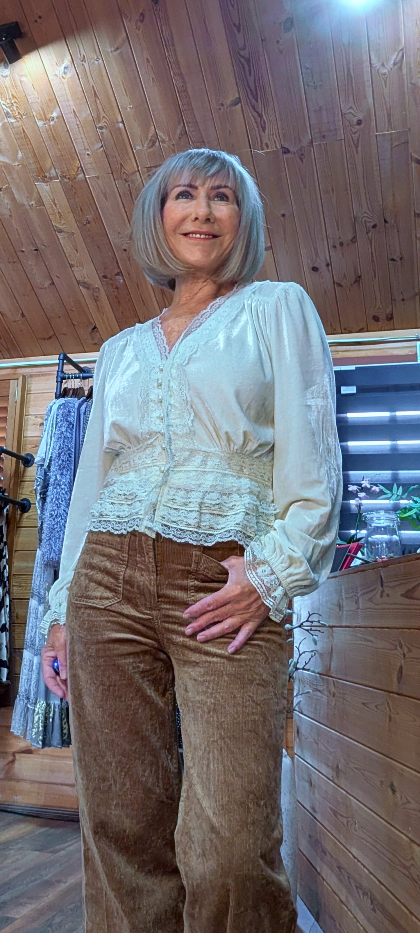 Vixen Cream Velvet Blouse –  Lace Tailored Waist