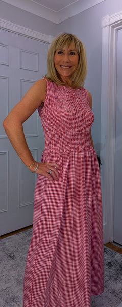 Izzy Red Gingham Shirred Dress – Sleeveless Summer Style
