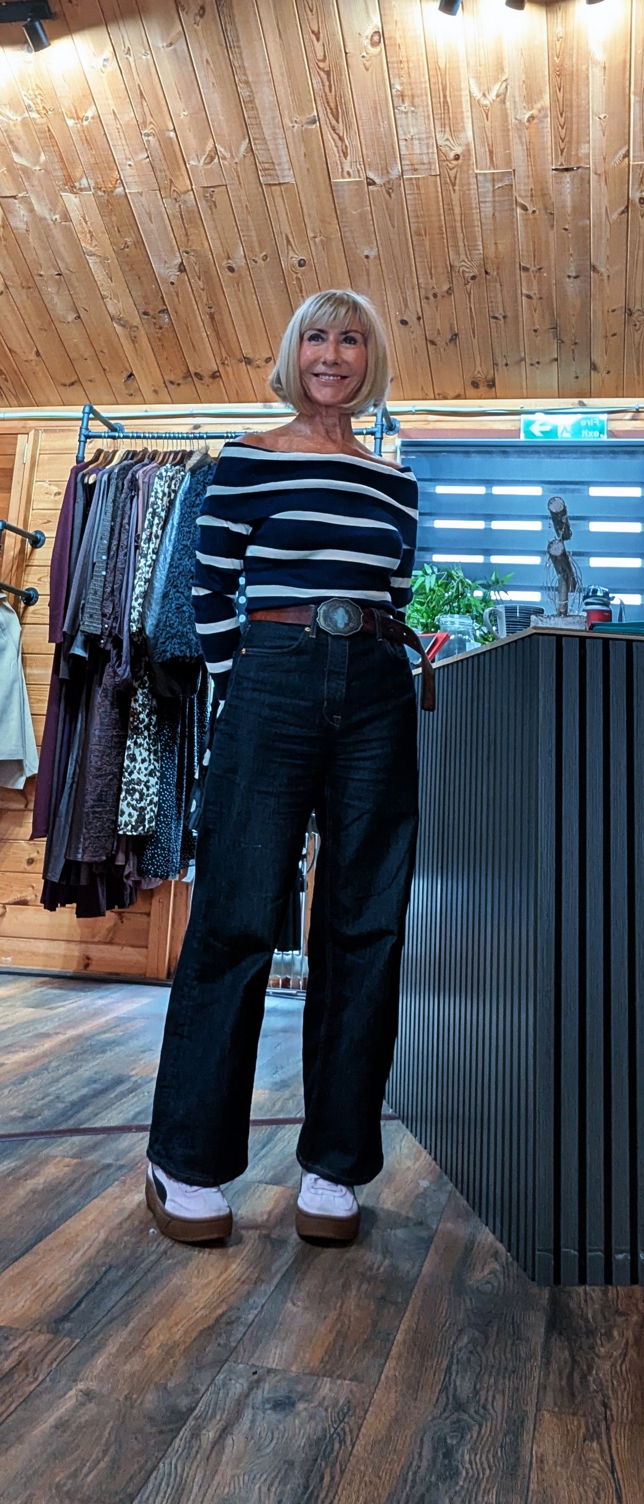 Wisty navy and white striped Bardot knit top with long sleeves