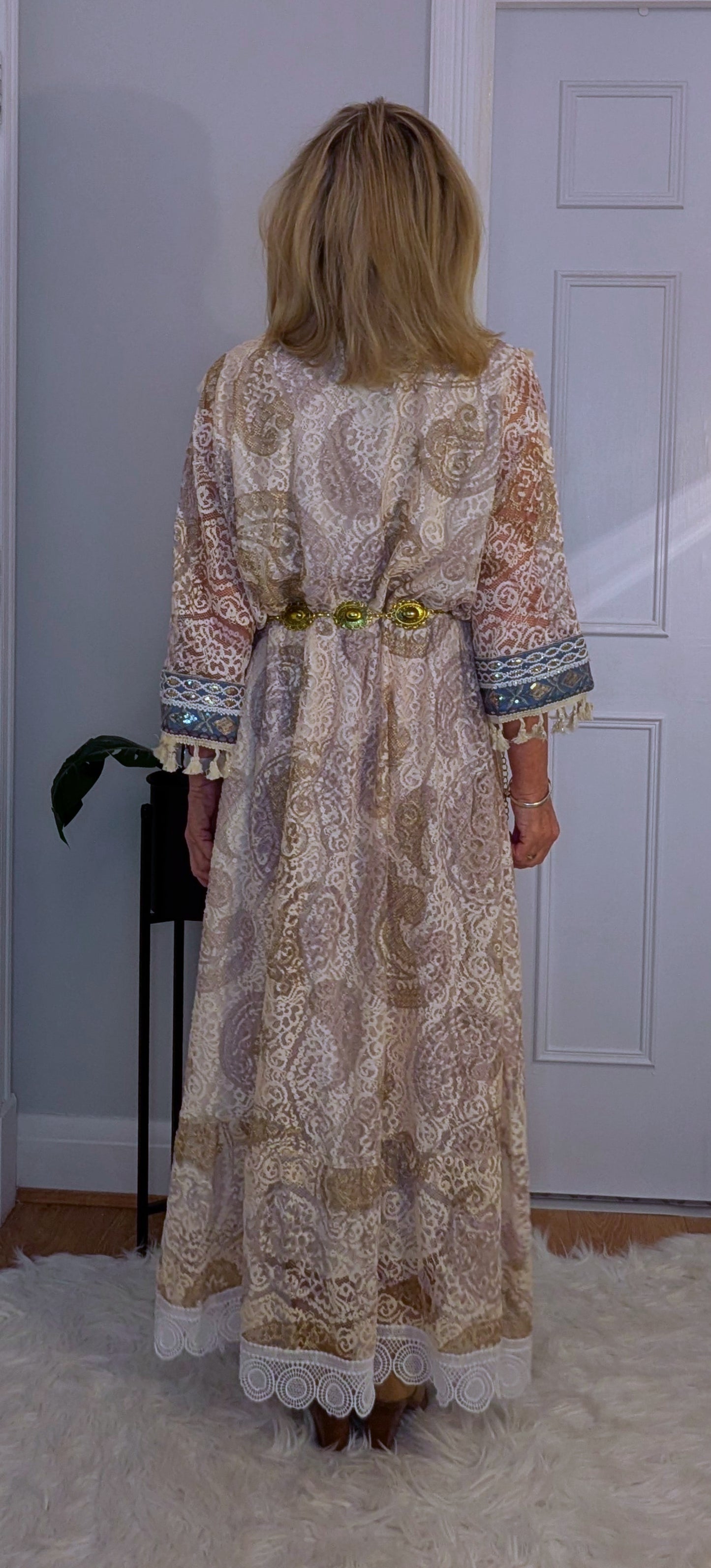 Lucy  Lace Bohemian Maxi Dress in Soft Beige with Navy Embroidery