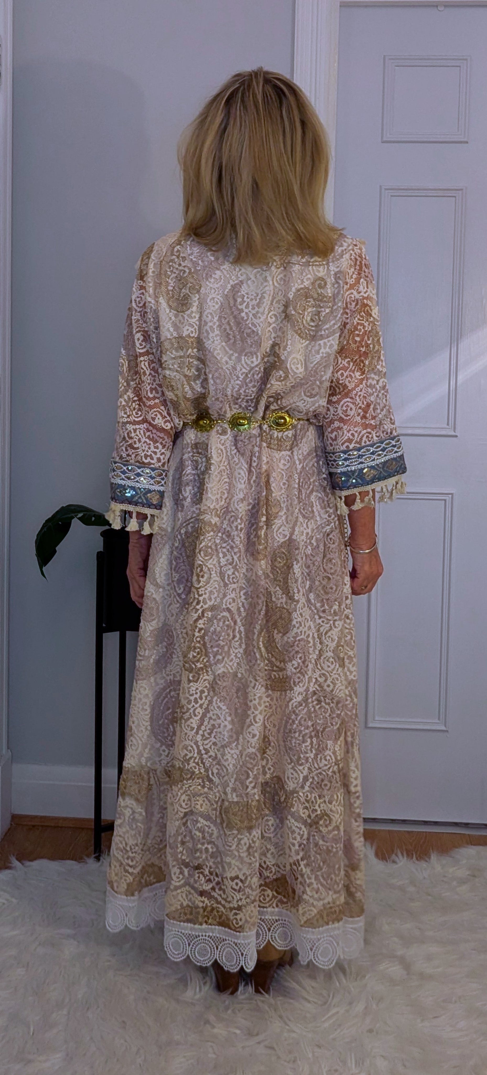 Lucy  Lace Bohemian Maxi Dress in Soft Beige with Navy Embroidery