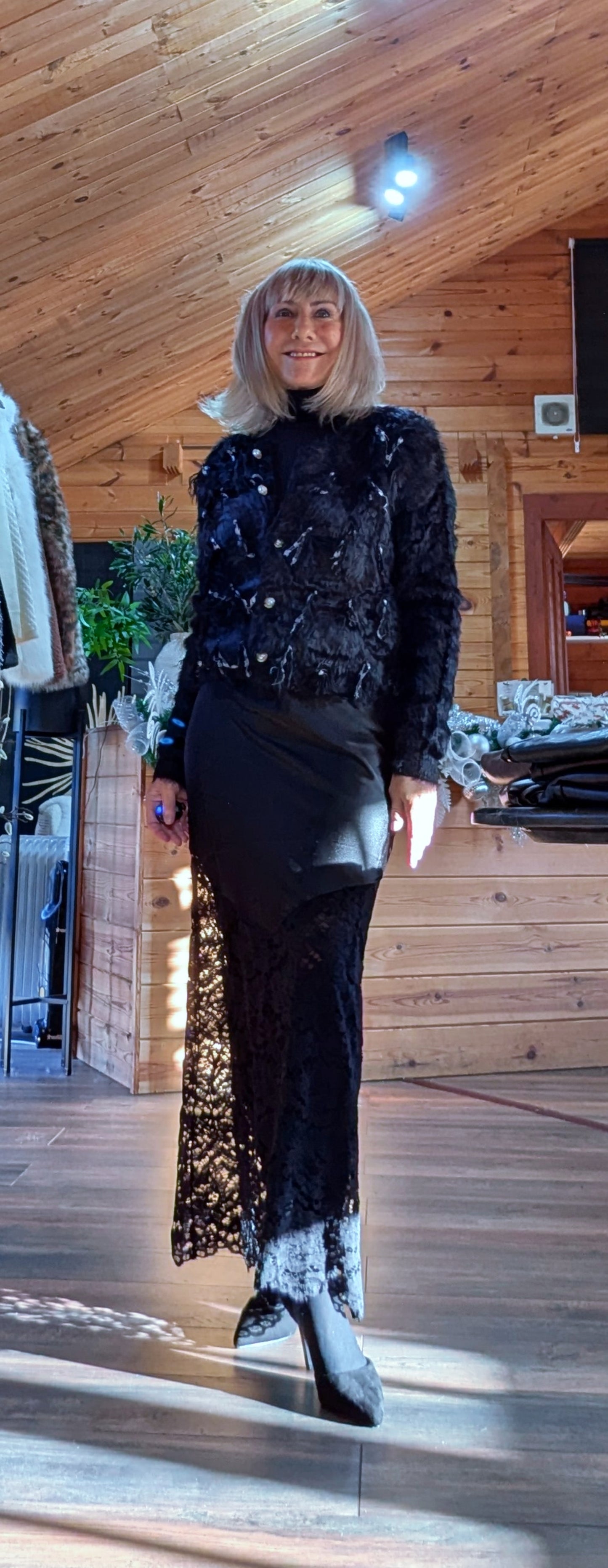 Shylo Black Faux Fur Look Evening Cardigan – Pearl Sparkle Button